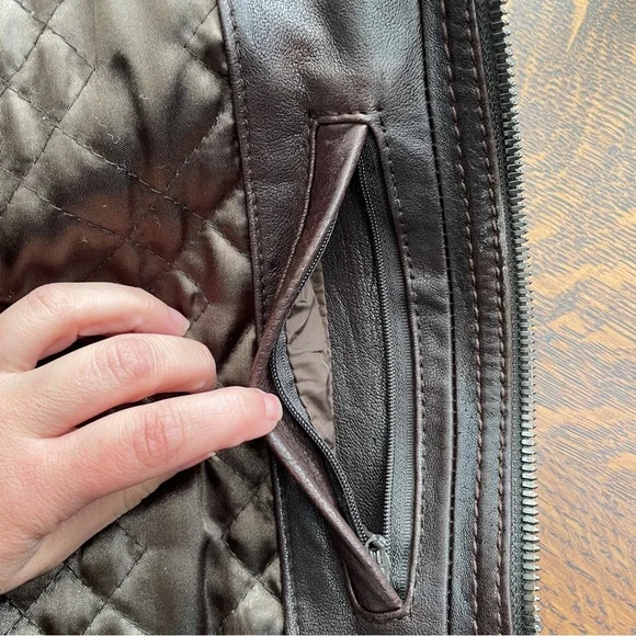 Andrew Marc Chocolate Brown Leather Moto Jacket Men’s Large Quilted Lining - Picture 11 of 13